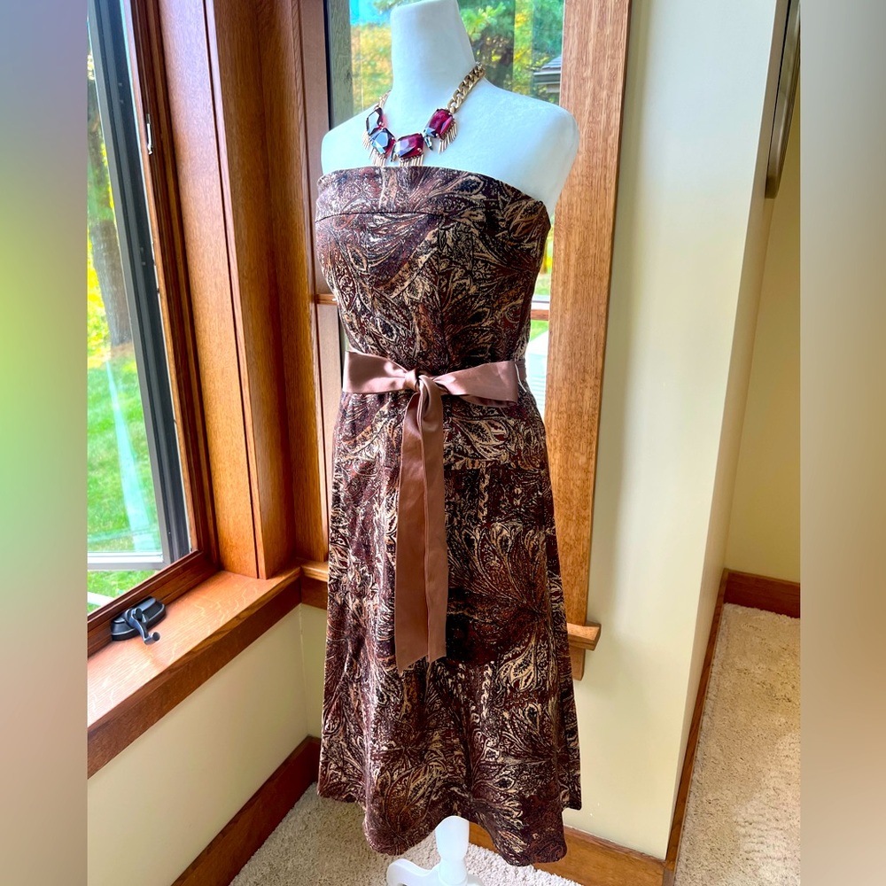 Stunning Roberto Klein Strapless Dress Brown Tan Cotton Paisley Satin Belt 8